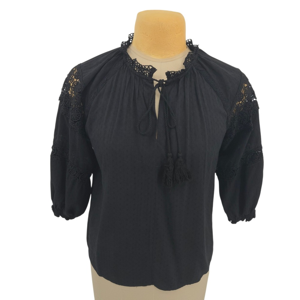 Skies Are Blue Blouse Women Medium Black Lace Trim Swiss Dot Tassel Boho Peasant